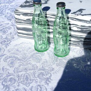 Mini Coca Cola Green Glass Salt and Pepper Shakers 4 1/2"